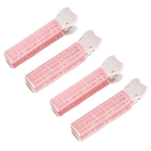 4 rulos rosas autoadherentes con pinzas para dar volumen al flequillo y levantar la raíz del cabello.