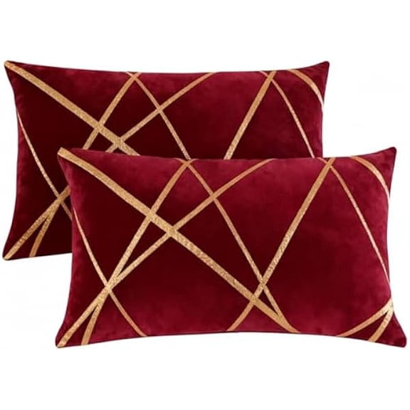 Eryueer Rectangle Cushion Covers Velvet Decorative 30 x 50 cm Red Throw Pillow Covers Gold Striped Cushion Case Soft Lumbar Couch Pillowcases for Sofa Living Room Bedroom Sets of 2