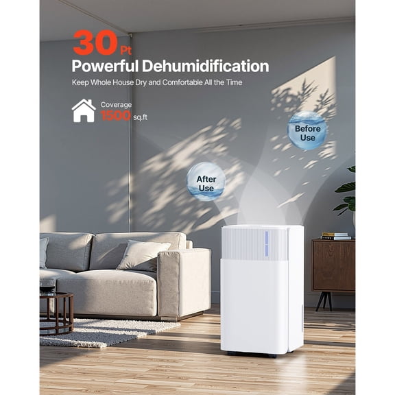 30 Pints Dehumidifier for Home&Basement,Drain Hose for Commercial&Industrial Use,Smart Humidity Control,Low Noise for Large Rooms,Warehouses,Bedrooms&Storage,Large Coverage,White