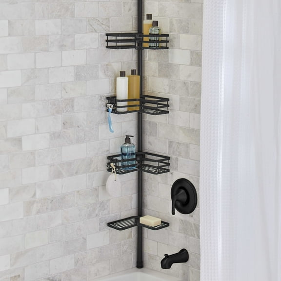 Better Homes & Gardens Tension Pole Shower Caddy, 3-Tier, Rust-Resistant, 5 to 9 ft, Matte Black