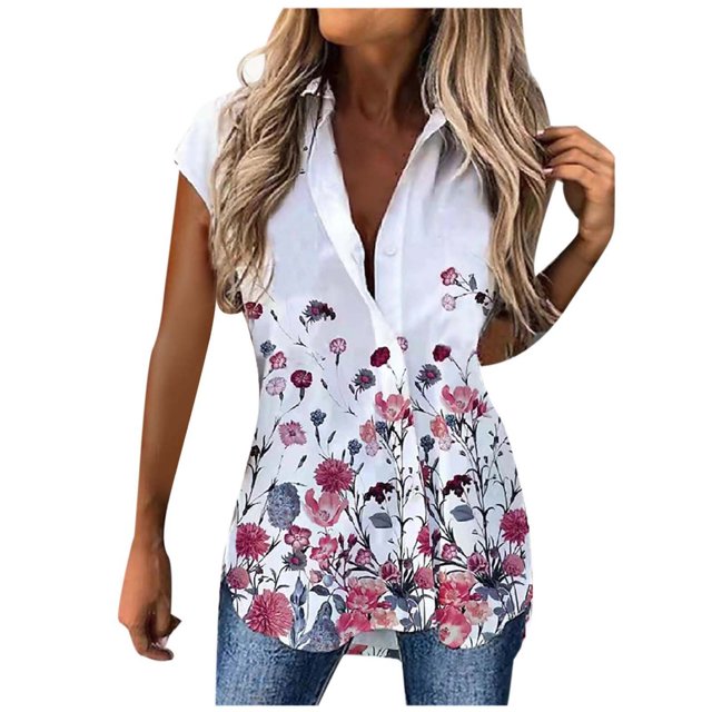 Women's Blouses Leisure Shirts New Short Sleeve Lapel Button Mid Length Floral Print Ladies Shirt