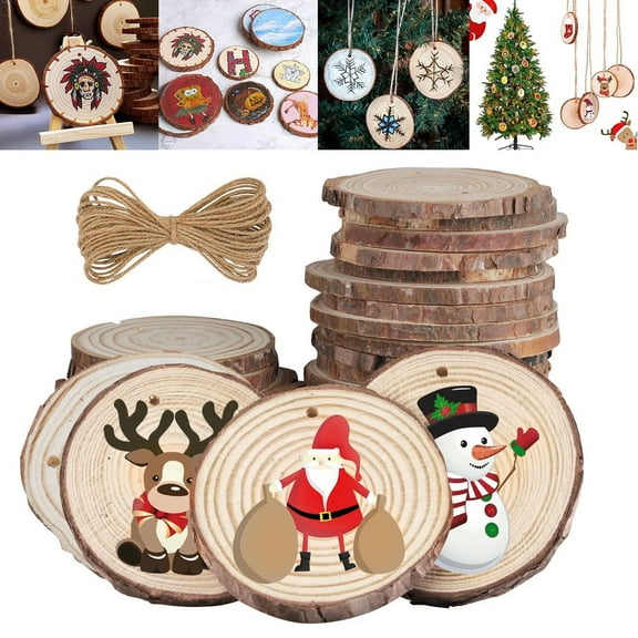 30pcs 2.4-2.8 inches Natural Wood Slices, Craft Unfinished Wood kit Predrilled with Hole, Log Wooden Circles with 33 Feet String for DIY Crafts Wedding Decorations Christmas Ornaments