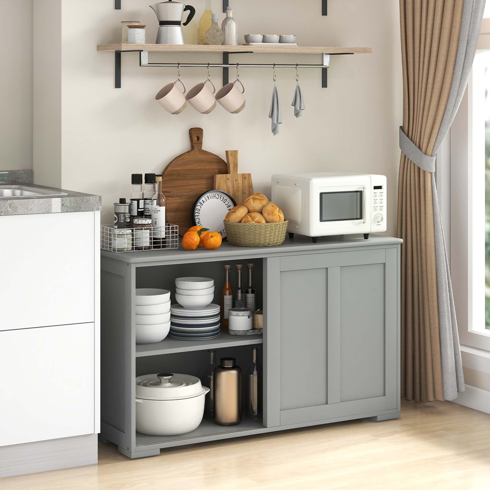 Costway Kitchen Storage Cabinet Sideboard Buffet Cupboard Wood Sliding Door Pantry Gray