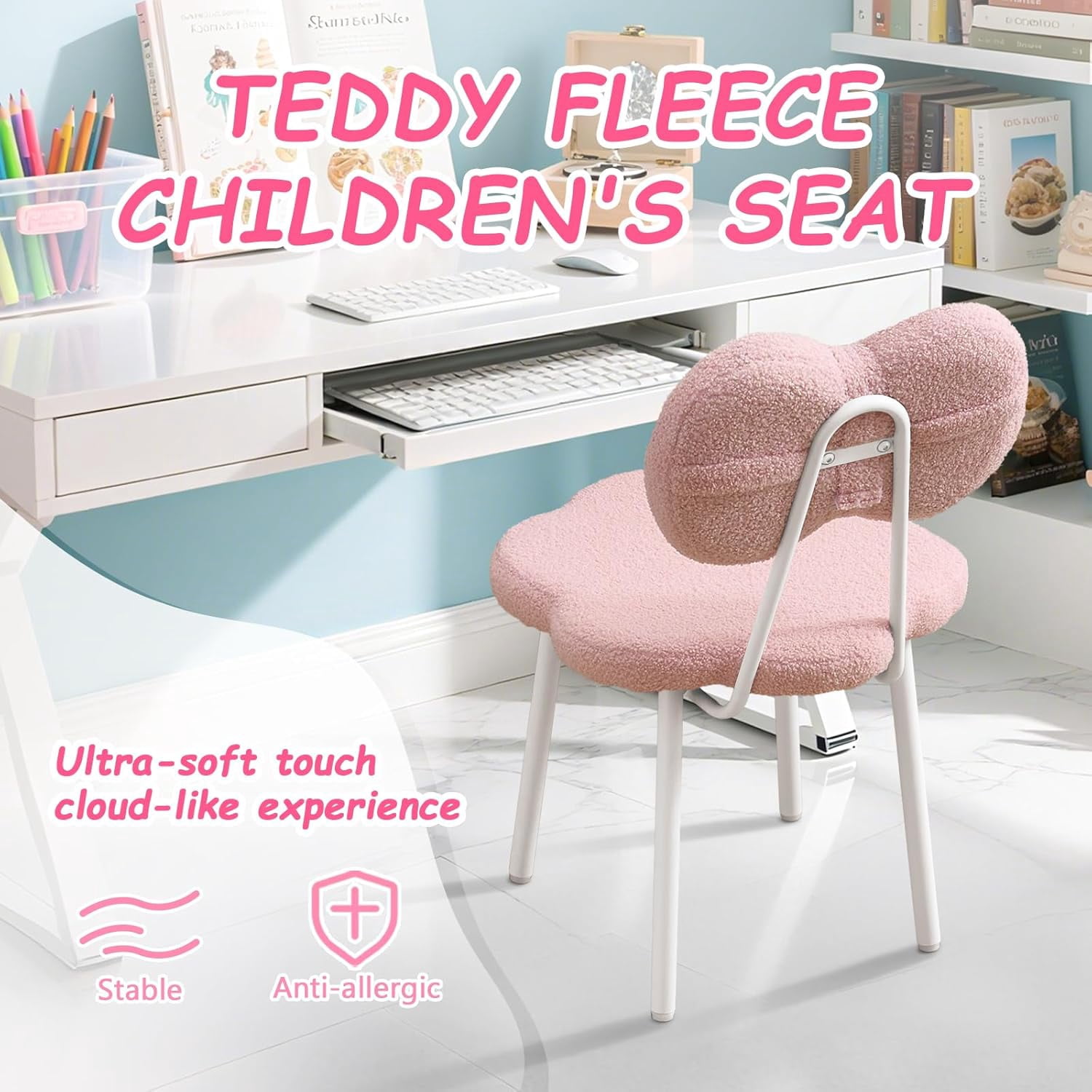Teen Girls Vanity Chair Kids Desk Chair Teddy Fleece Armless Office Roller Chair Kids Task Reading Seat for Girls Student Chair for Study (Pink)