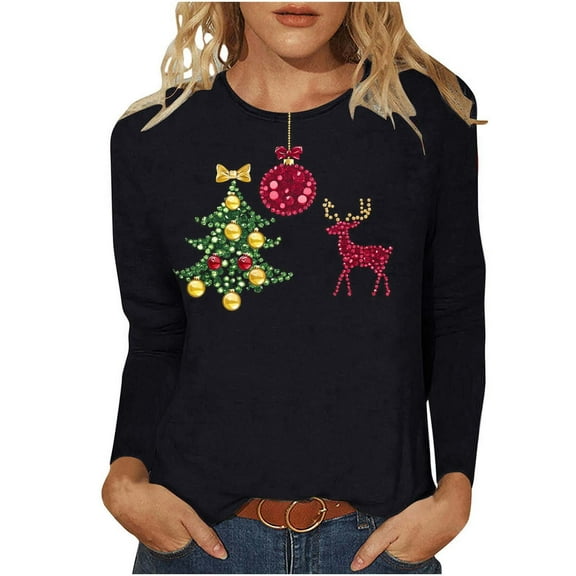 Hueook Christmas Shirts for Women Christian Shirts Women's Casual Christmas Print Round Neck Long Sleeve T-Shirt Loose Top Multicolor M
