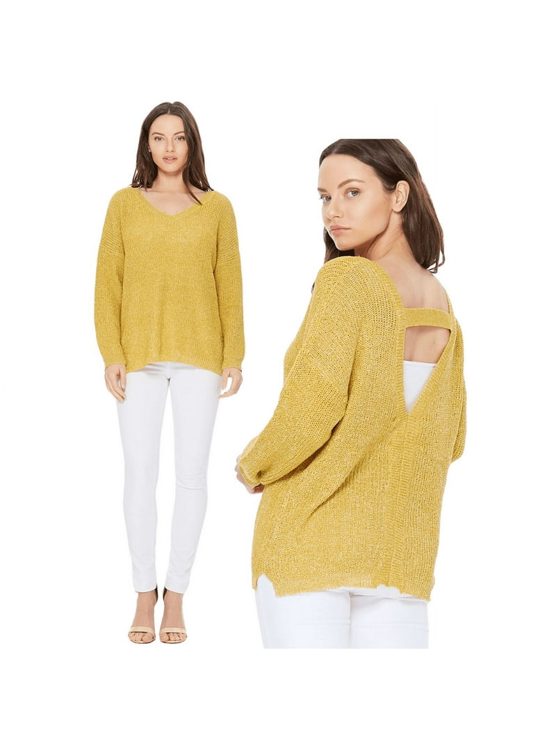 YEMAK Women's Long Sleeve V-Neck Back Cutout Casual Knit Pullover