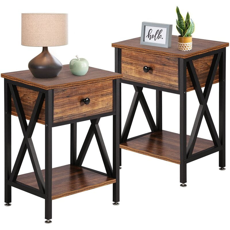 Set of 2 Brown Nightstand End Table Bedside Table with Drawer Storage Wood 