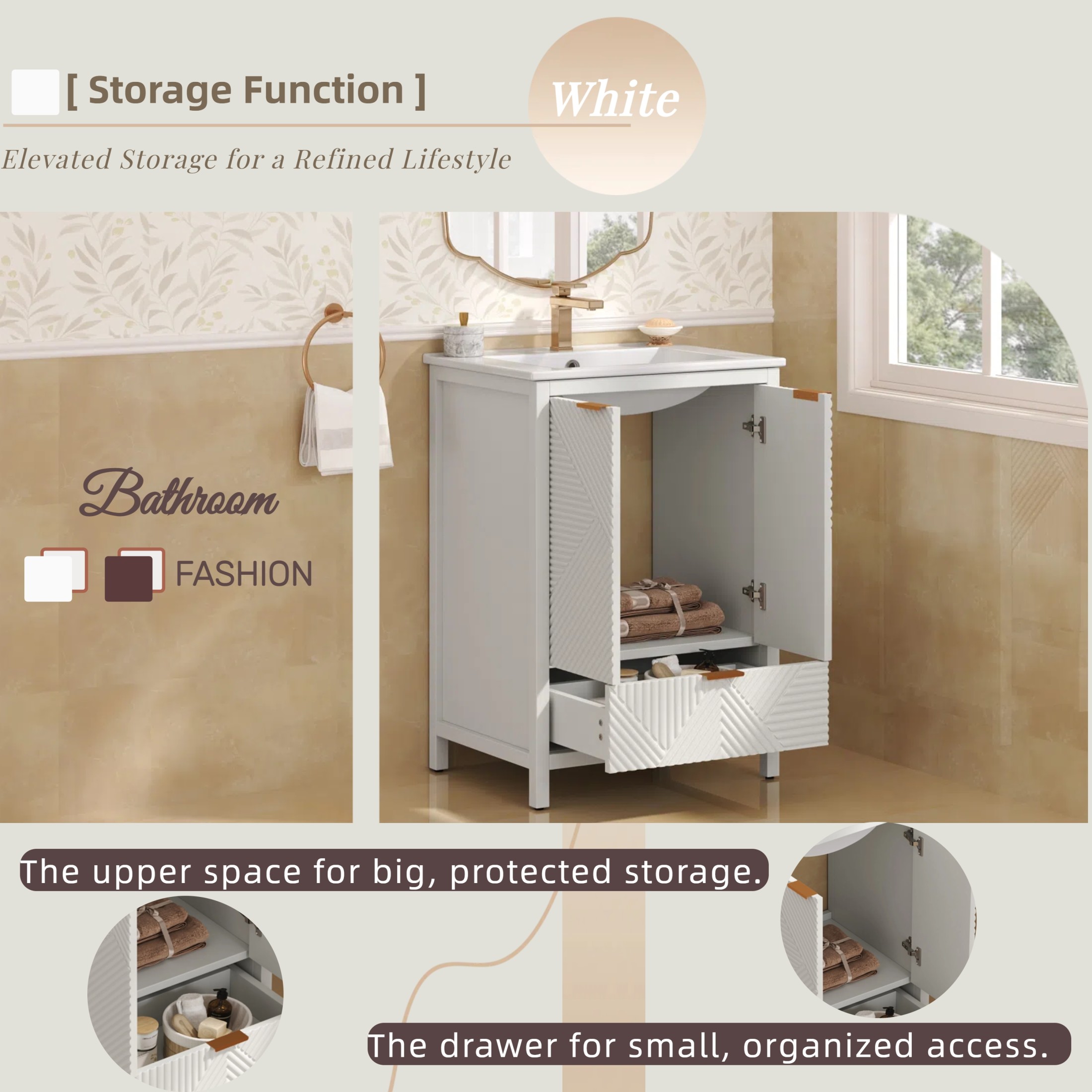Christopher Knight Home 24" Modern Bathroom Vanity with Sink, Large Storage and Drawer, Soft Close, White