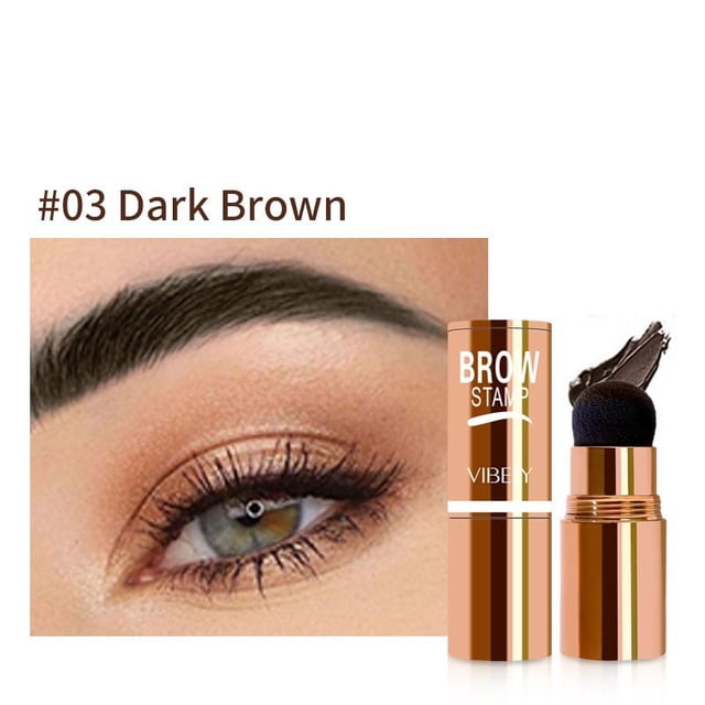 xihbxyly polvo para cejas en barra, tridimensional, resistente al agua y al sudor. Macro de ceja maquillada en marrón oscuro a la izquierda; a la derecha, barra dorada con aplicador de esponja y trazo marrón oscuro sobre fondo blanco. Adecuado para definir y rellenar cejas; multicolor #4.