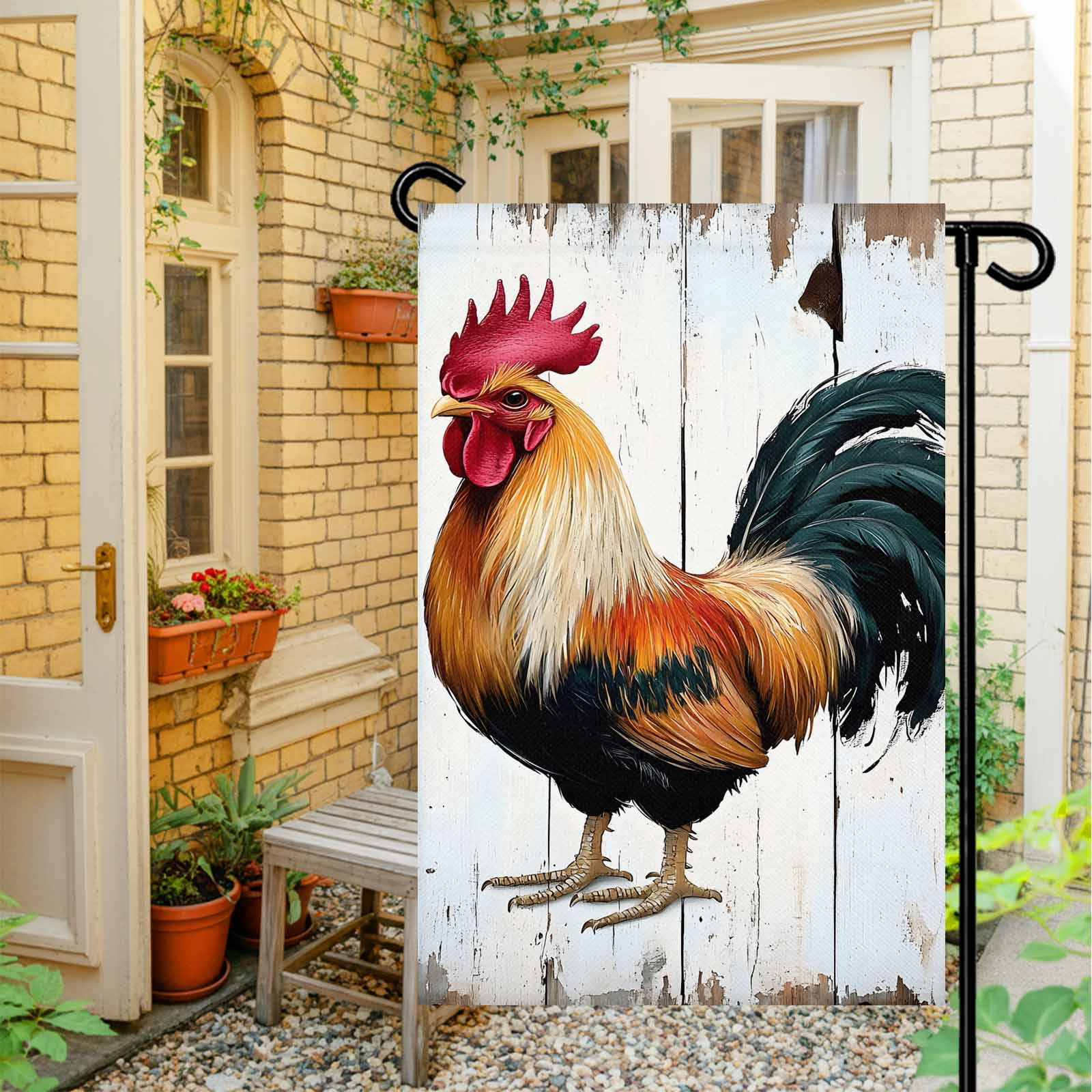 Garden Flag Double-Side Printed House Flag Vintage Rooster Yard Flag White Wood Grain Welcome Banner Decor Outdoor Holiday Decorations 28*40in