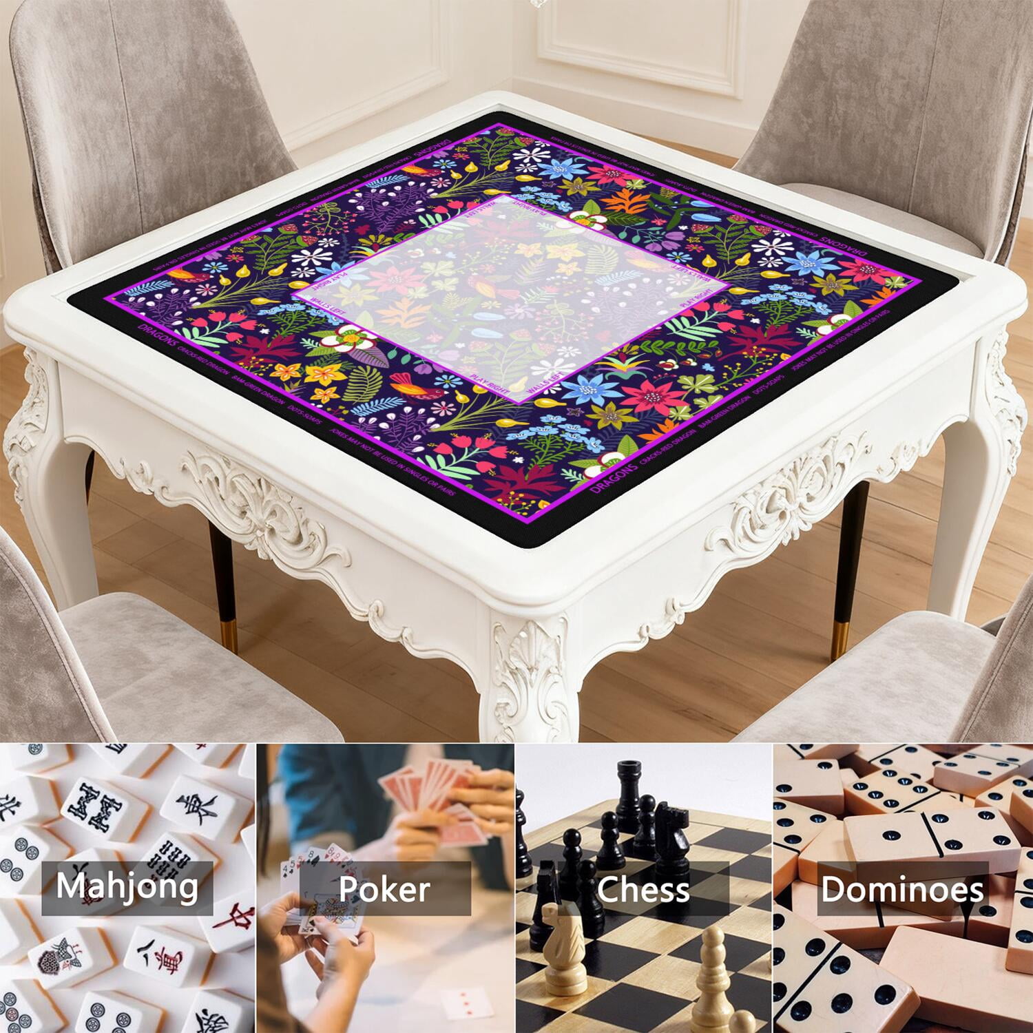 Flower Mahjong Mat with Rules, 31.5*31.5in Anti Slip American Mahjong Mat for Table, Noise Reduction, Neoprene Mah jongg Mats with Carrying Bag & 3 Dices, Mahjong Set Gift, Board Tile Games Mats