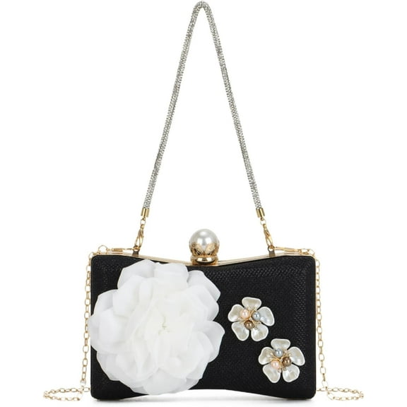 Women's 3D Flower Bags Evening Purse with Chain Handbags Pearls Floral Clutch Wedding Crossbody Shoulder Bag