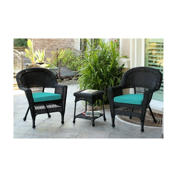 Jeco Black Wicker Chair And End Table Set With Turquoise Cushion