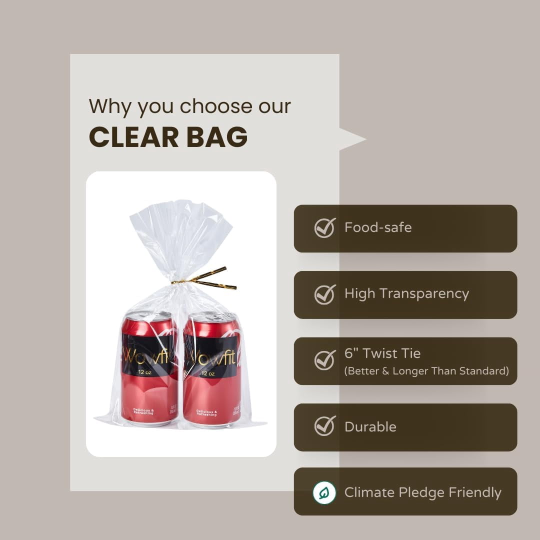 100 CT 8x12 Inch Clear Flat Cellophane Treat Bags with 6” Gold Twist Ties, Cello Packaging for Mugs, Dessert, Muffins, Party Favors and Gift Wrapping