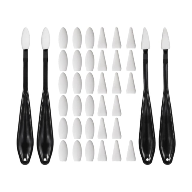 difuminadores para dibujar, herramienta de bocetos artísticos con 40 esponjas de repuesto, herramientas de difuminado artístico para corregir dibujos juego SOLEDAD de 44 piezas con 4 mangos negros y 40 puntas blancas (ovaladas, redondas y puntiagudas), compacto 1.1 cm x 2.6 cm, sobre fondo blanco; útil para mezclar sombras y suavizar detalles en bocetos.