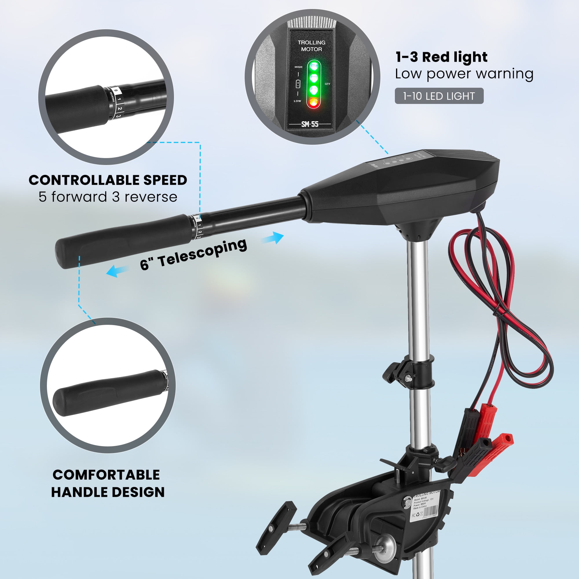 Naipo Electric Trolling Motor with 55 Lbs Thrust 8 Speeds, Boat Fishing Motor with Telescoping Handle, LED Battery Indicator for Kayak Fishing Boat Freshwater Use