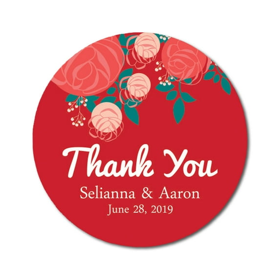 Darling Souvenir Personalized Bride Groom Names And Date Envelope Seals Round 45 Pcs Rose Floral Thank You Stickers-Green