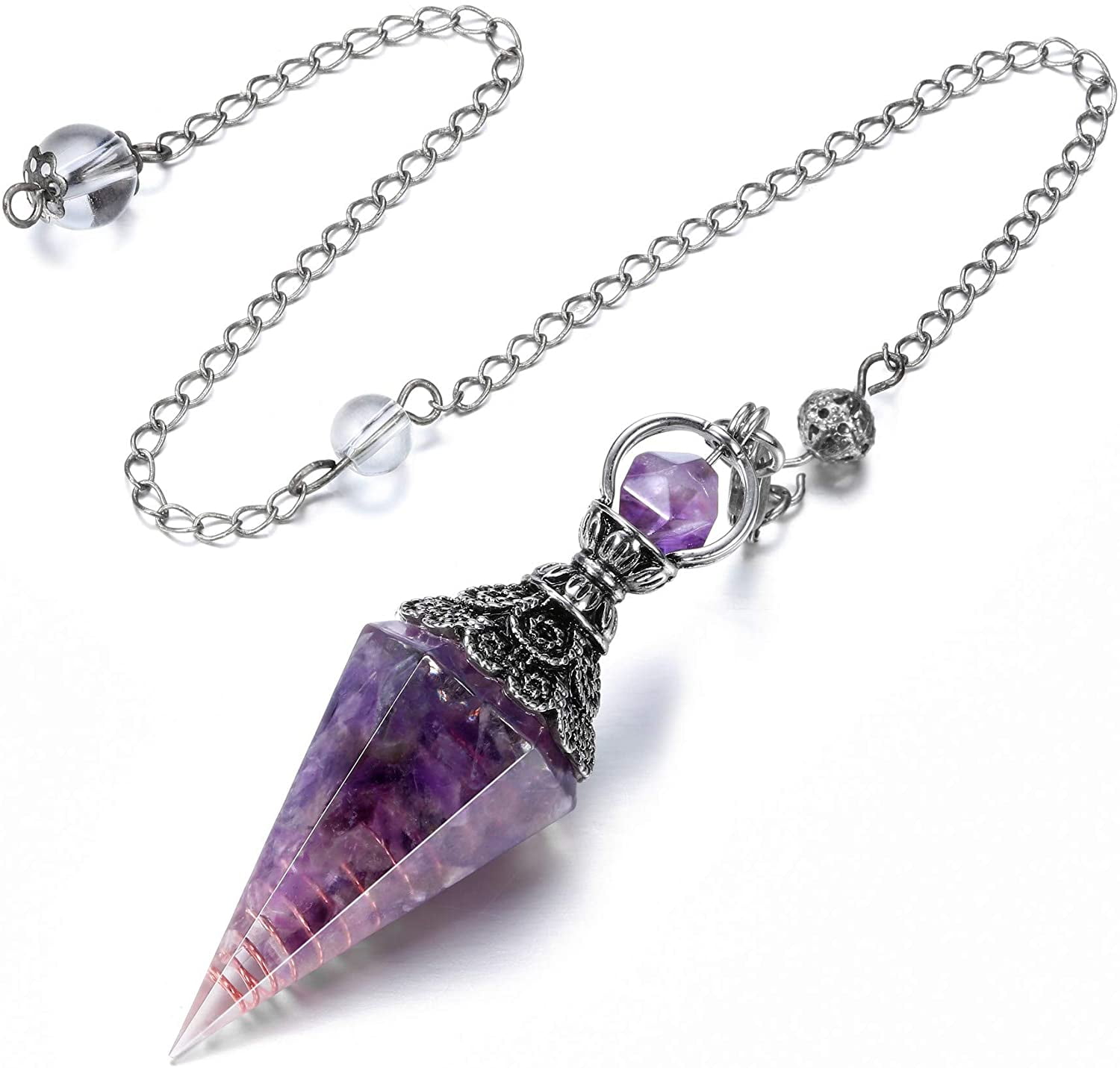 Natural Amethyst Gemstones Hexagonal Pointed Reiki Chakra Beads Pendant Necklace 