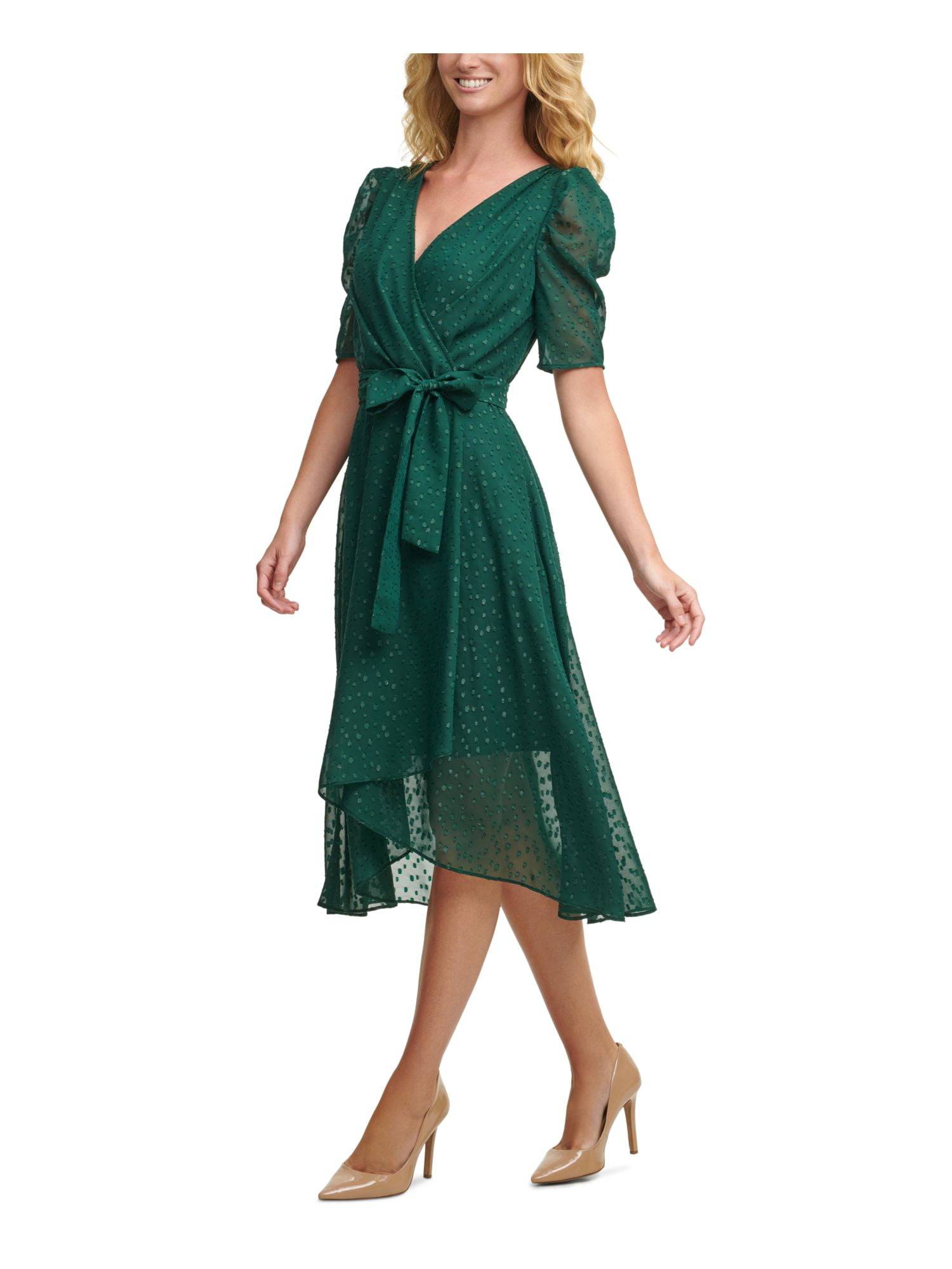 TOMMY HILFIGER Womens Green Sheer Zippered Glitter-dot Pouf Sleeve Surplice  Neckline Midi Evening Faux Wrap Dress 2 | Blusenkleider