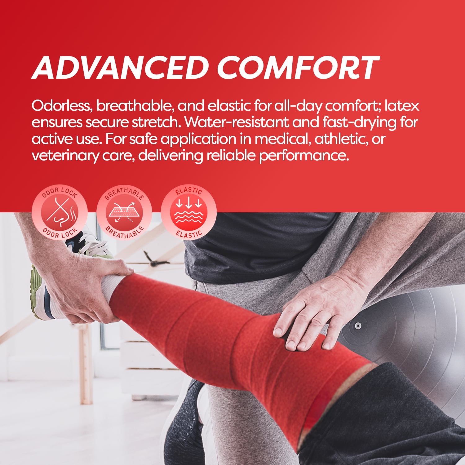 Dynarex Sensi-Wrap Self-Adhesive Bandages, 12-Pack, 6" x 5 yards, Red, Latex, Colored Elastic Cohesive Athletic Tape, Tattoo Grip & Vet Wrap