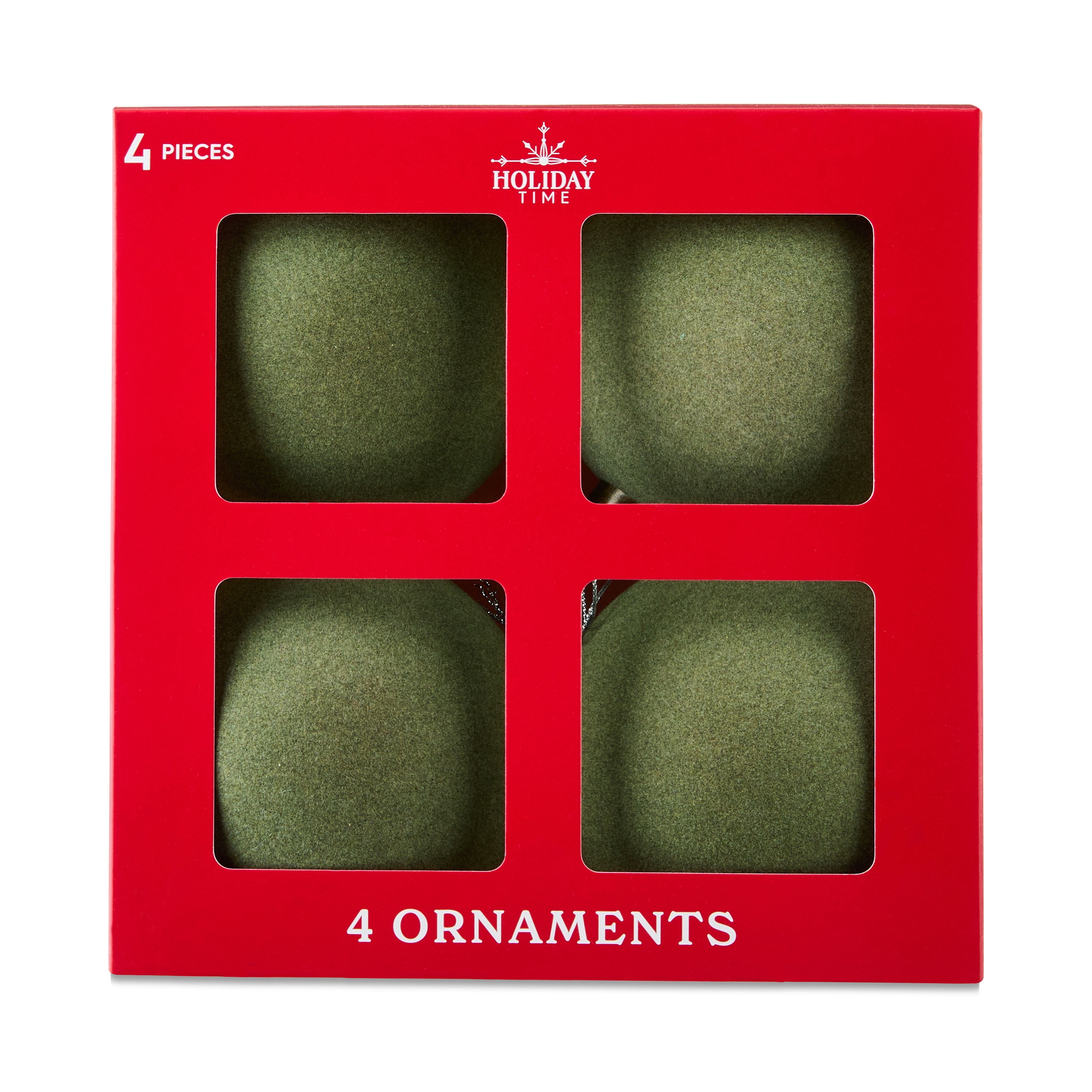 4 Count Sage Green Velvet-Feel Shatterproof Ball Christmas Ornaments, by Holiday Time