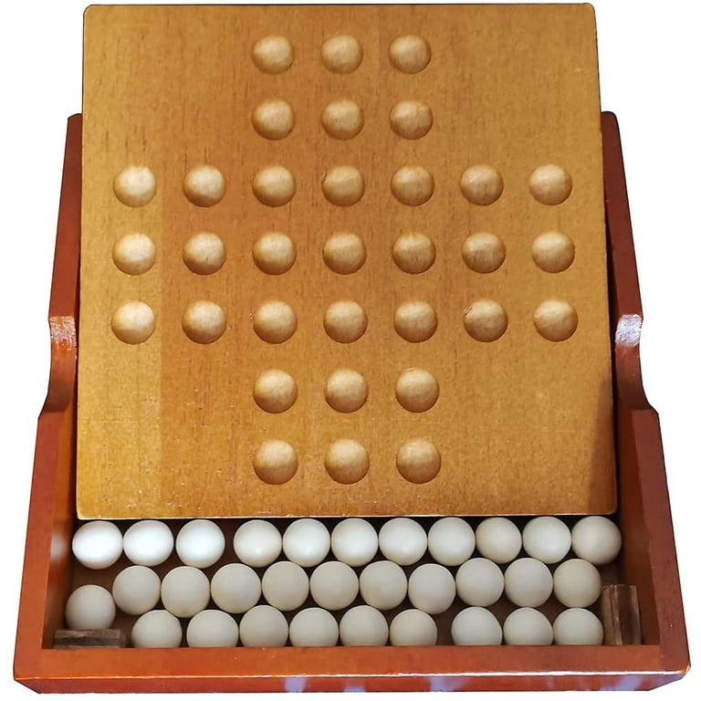 Solitaire Board Game, Jumping Marbles Peg Solitaire, with 33 Wooden Marbles,  Built-in Storage Function, Puzzle Card Board Game for Adults and Children 