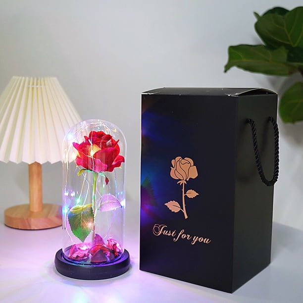 Rosa Eterna bajo Cúpula de Cristal, Rosa de La Bella y la Bestia de Cristal con Luces LED, Base de Pino - El Mejor Regalo para el Día de la Madre, San Valentín, Cumpleaños, Bodas y Decoración del Hoga