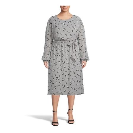 ANNE KLEIN Womens Gray Tie Ruffled Printed Long Sleeve Scoop Neck Midi Shift Dress Plus 1X