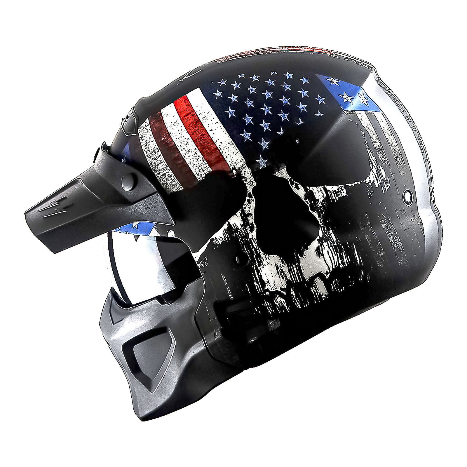 1Storm Motorcycle Full Face Helmet Open Face Helmet with Smoked Shield (Detachable Visor & Face Mask): HKY881S-E Skull Flag