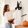 thumbnail image 2 of Halloween Flying Ghost Hanging Decoration, Satin Fabric Ghost with Witch Hat and Broom, Hanging Decor for Front Door, Porch, Tree, Yard and Indoor Outdoor Display White 27.56 x 31.5 Inch, 2 of 7