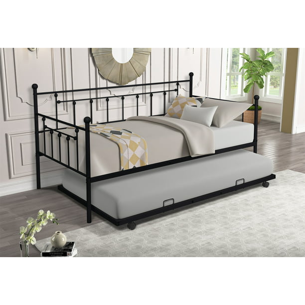 Trundle Bed Frame For Bedroom, Twin Size Black Metal Roll Out Trundle Bed Frame For Daybed