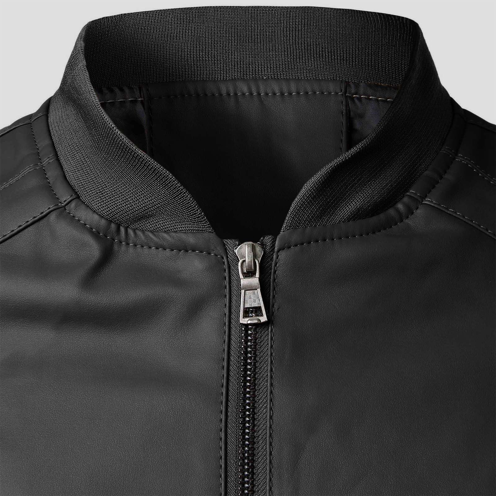 RYDCOT Men Solid Color Leather Jacket Outerwear Fashion PU Leather Long Sleeved Stand Collar Coat Black