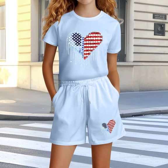 Amidoa Girls Summer 2 Piece Outfits Cute Floral Short Sleeve and Casual Shorts Kids Clothing Set Light Blue Size 8