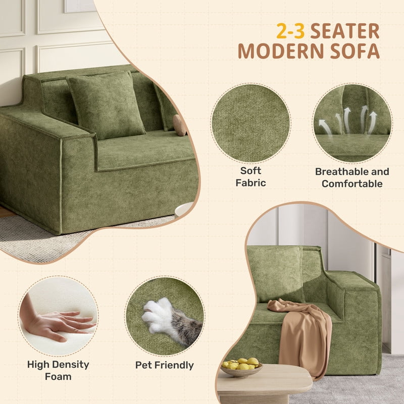 Hawsaiy 75" Pet-Friendly Cat-Scratch Fabric Loveseat Sofa with Wide Armrests & Removable Pillows, No Assembly Foam Couch, Vacuum Packed, High-Density Support, Green