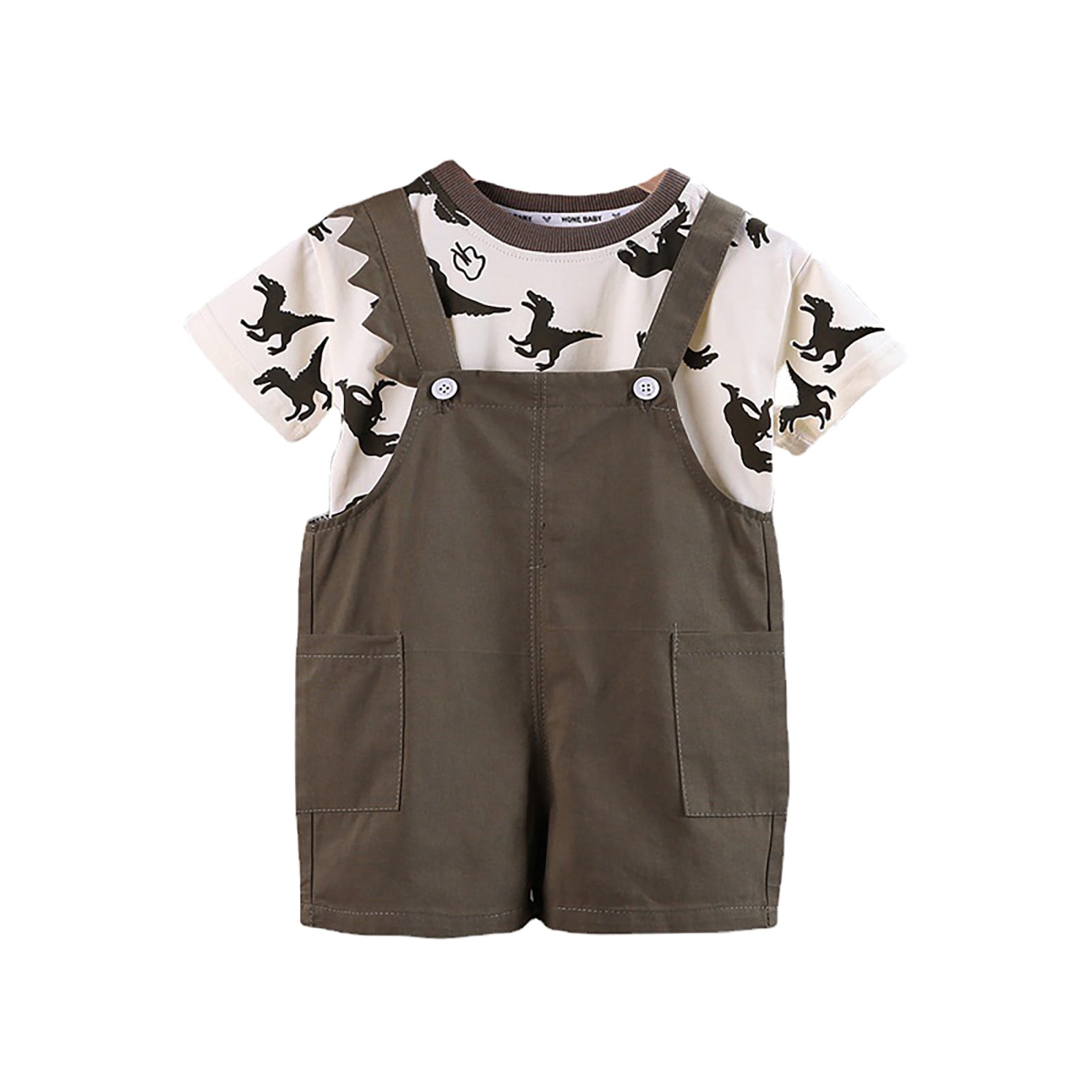 Toddler Boy Outfit Dinosaur Print Summer Romper Adjustable Denim