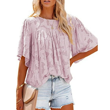 Womens 3/4 Bell Sleeve Blouse Summer Crewneck Lace Tops Floral Textured Babydoll Shirts