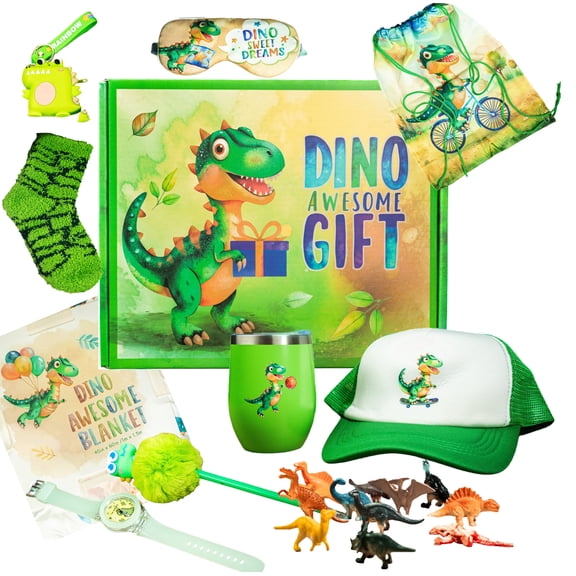 Dinosaur Toys for Kids 3-5, 5-7, Dino 10-pc Birthday Present Gift Set Box for Boys with Dinosaur Figures, Blanket, Toys, Tumbler, Backpack, Hat, Socks, Watch Age 3 4 5 6 7 8 Years Old