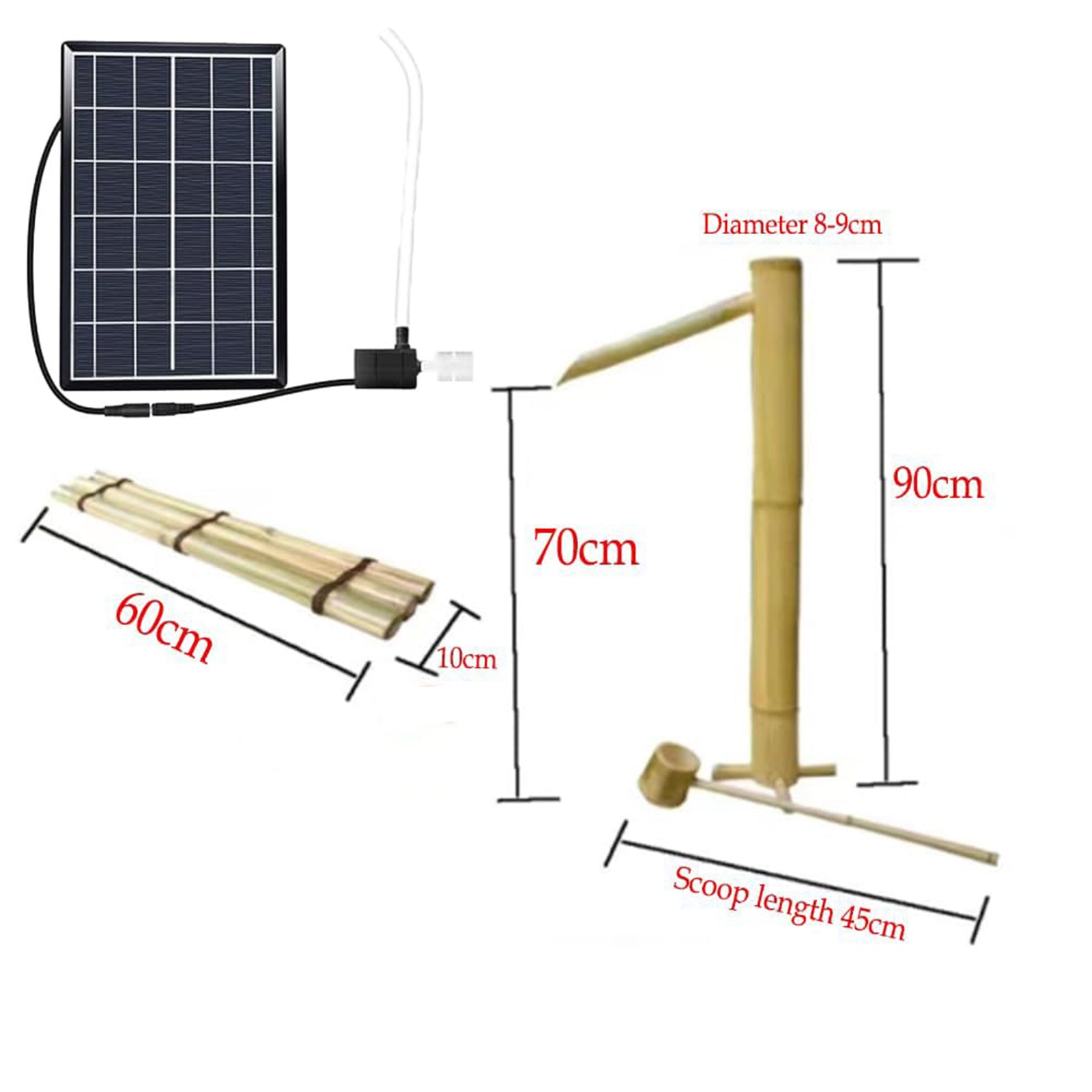 Outdoor bamboo fountain, water gaming, bamboo solar water fountain, zen garden fountain water bamboo water, water landscape Japanese garden decoration, 70cm