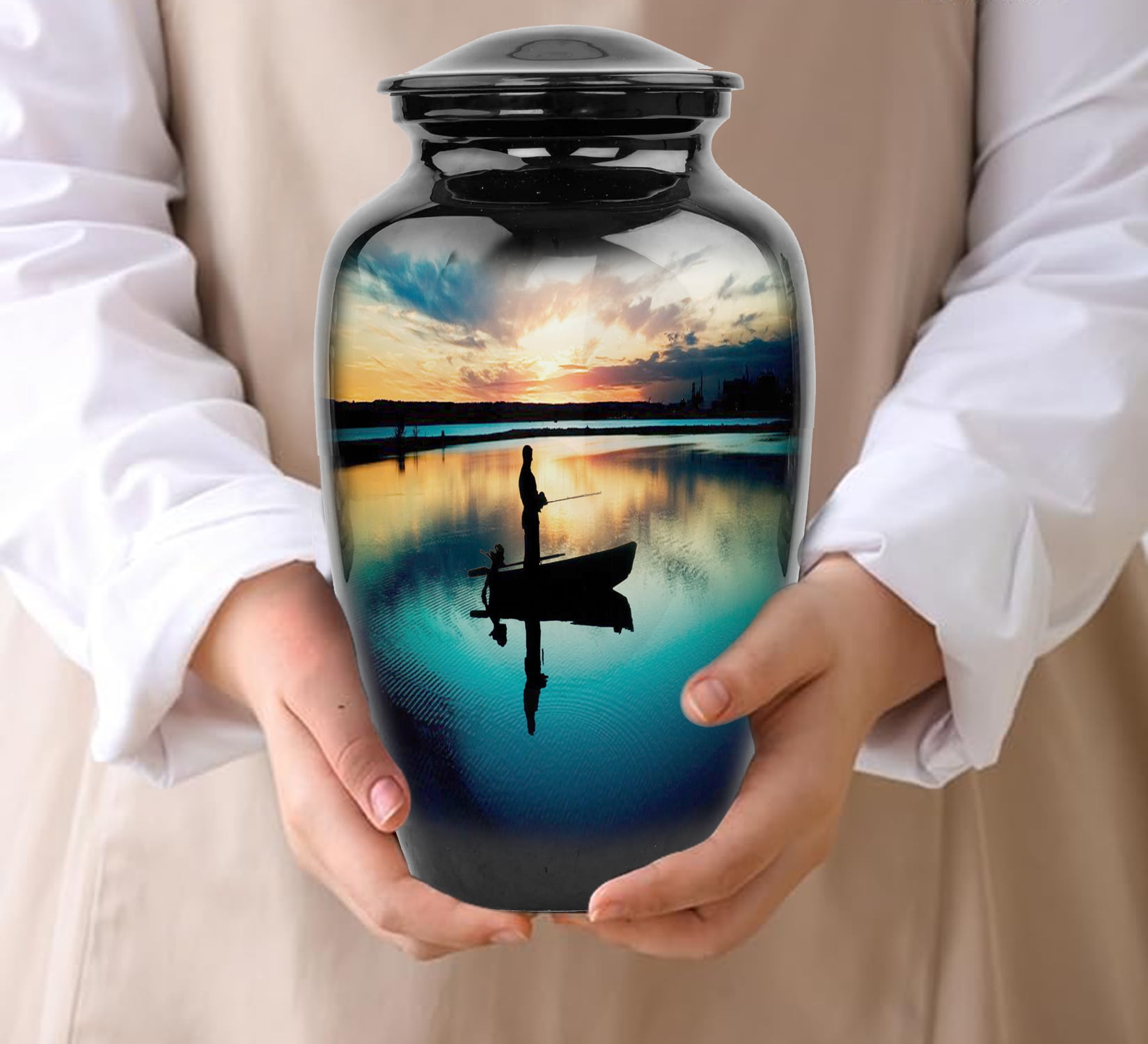 Gone Fishing in Heaven Cremation Urns for Adult Ashes Male - Burial Urns for Human Ashes - Decorative Urns-Decorative Men Urn Fishing | Urns for Dad, Men, Human Ashes | Large Urn with Velvet Bag