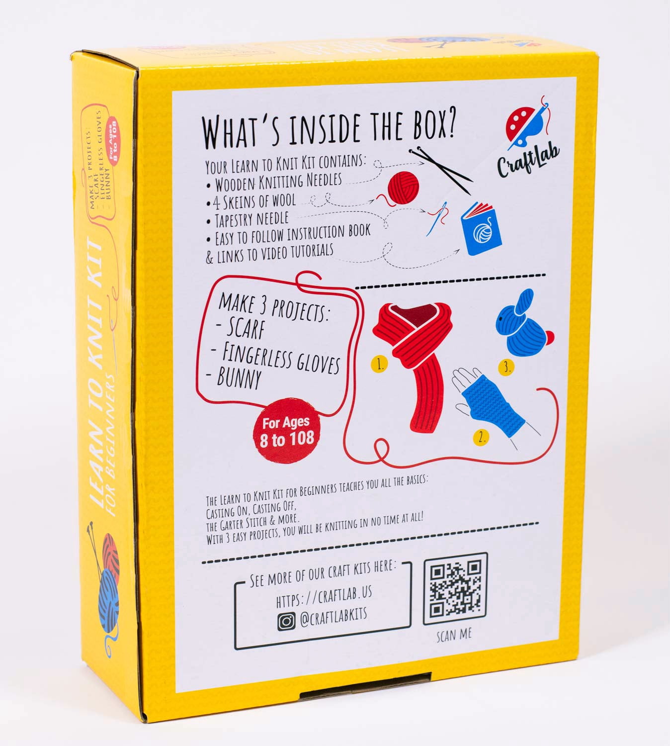 CraftLab Knitting Kit for Beginners, Kids Adults Seniors Includes All Knitting Supplies: Wool Yarn, Knitting Needles, Yarn Needle and Instructions – Fantastic DIY Gift Learn to Knit Arts & Crafts Kit