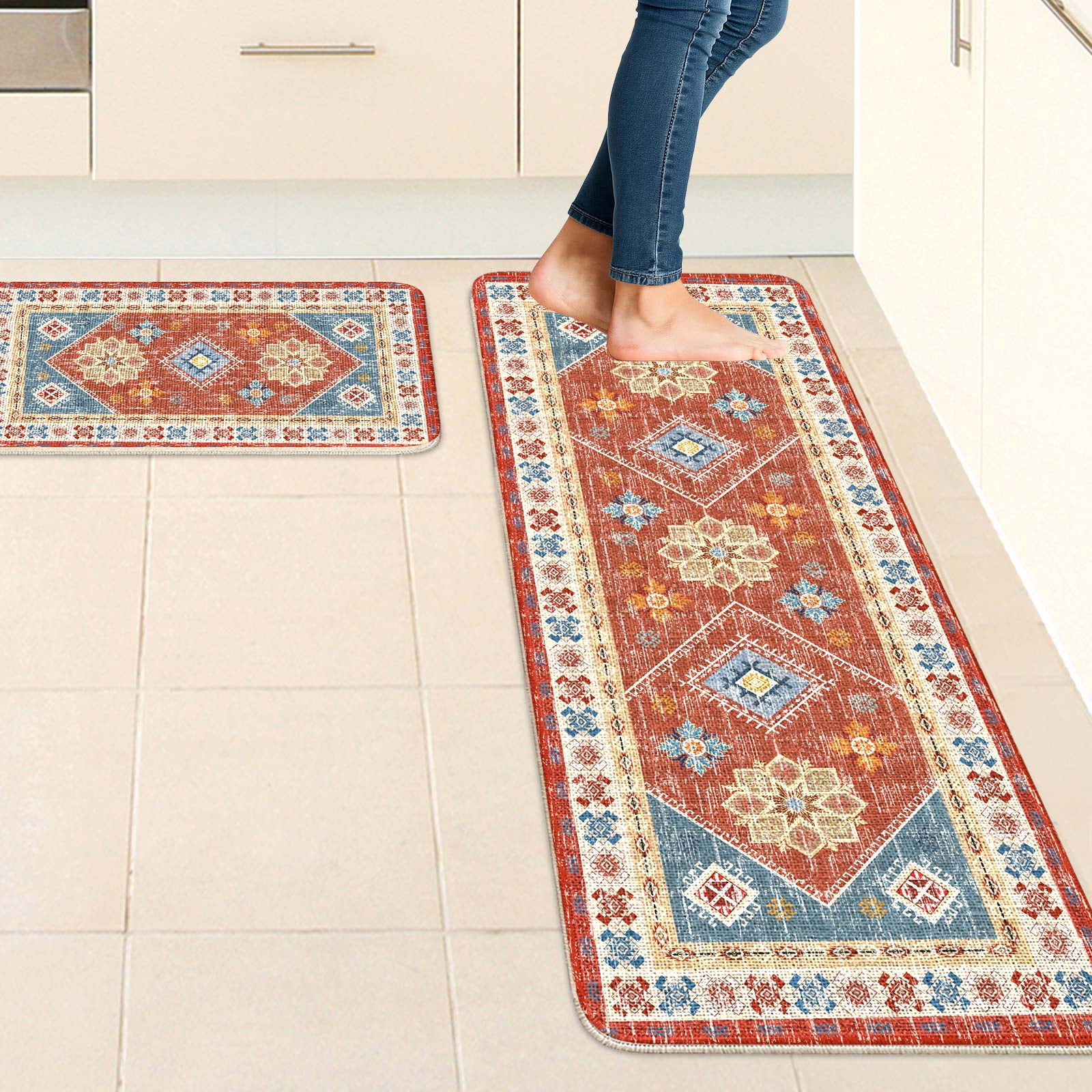Red Boho Kitchen Rugs and Mats Set of 2, 17"x47"+17"x30" Non-Slip Machine Washable Runner Rugs for Kitchen Floor, Soft Kitchen Mat Set for Home,Laundry Room,Floral Pattern