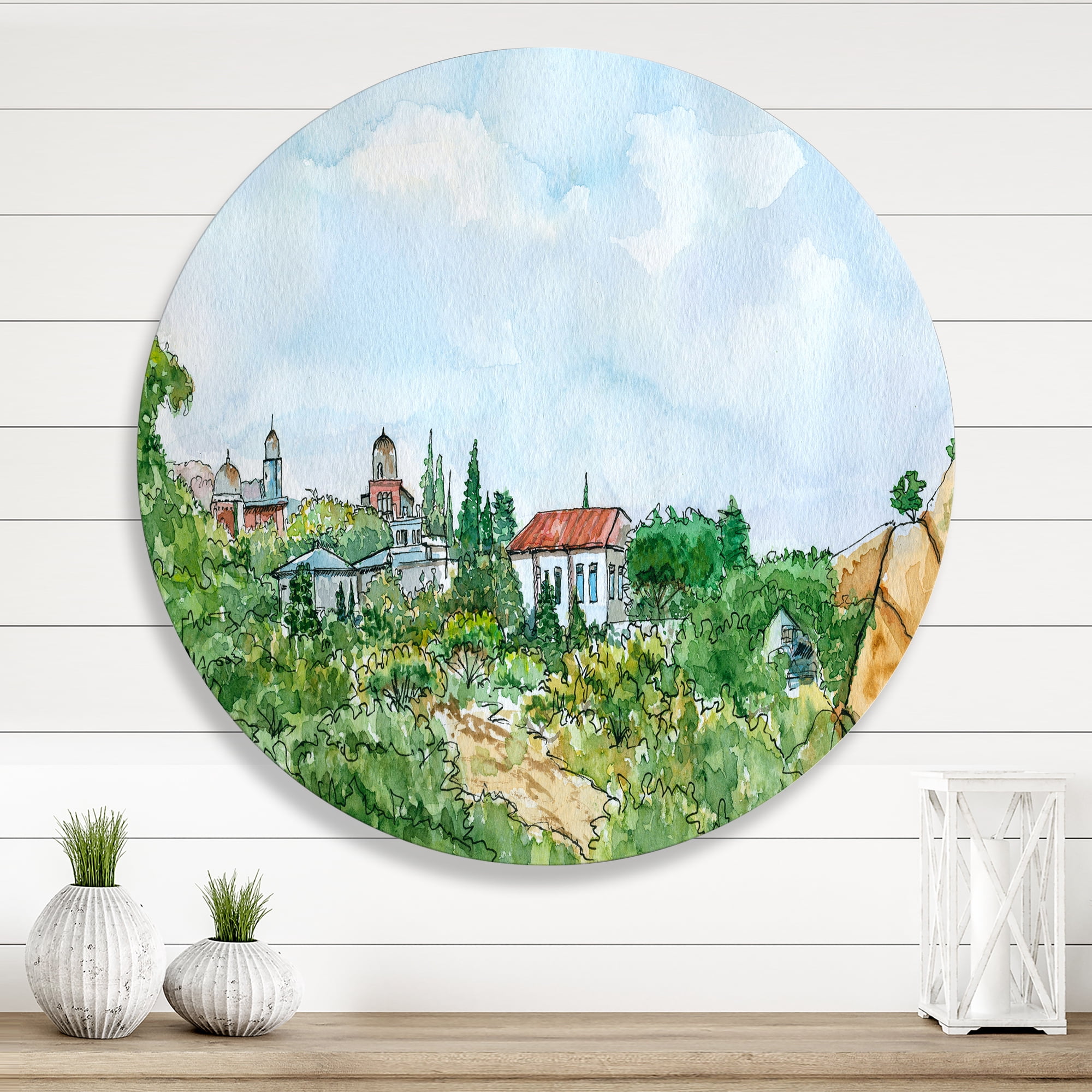 Designart 'White House With Red Roof In The Lush Green Countryside' Traditional Circle Metal Wall Art 11x11 - Disc of 11