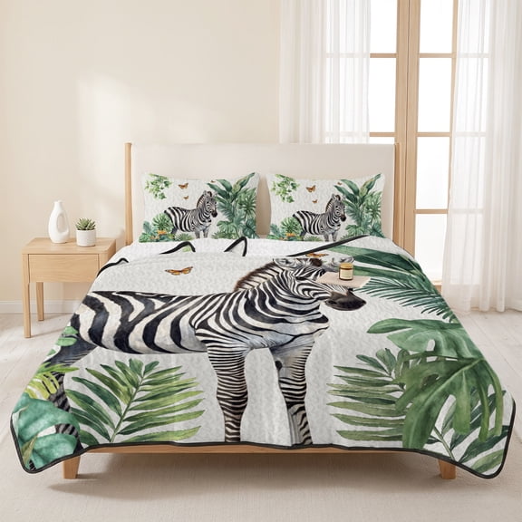 Queen Quilt Set, Tropical Leaves Jungle Lightweight Quilt Sets Summer Comforter Coverlets with 2 Pillow Shams, Black Stripes Portrait Breathable 3 Piece Bedding Set for All Seasons