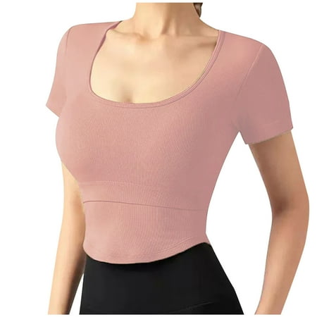GA WEIHUA Women Built in Bra T-Shirt for Yoga  Workout  Fitness  Short Sleeve Scoop Neck Basic Tee Shirt  Casual Crop Top(Pink XL)Clearance Sale