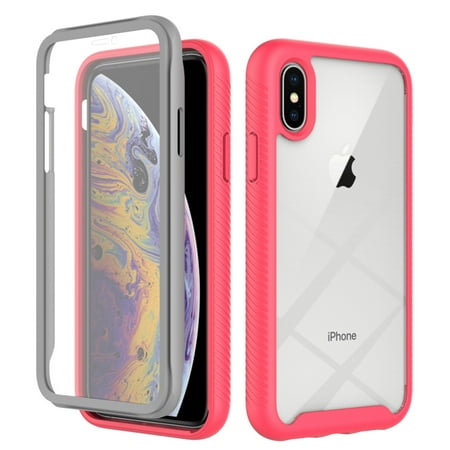 Tarise iPhone XS Case with Screen Protector, iPhone X Case with Screen Protector, Shockproof Soft TPU Bumper Rugged Clear Hard PC Back Shell All-inclusive Cover for Apple iPhone X/XS 5.8", Pink
