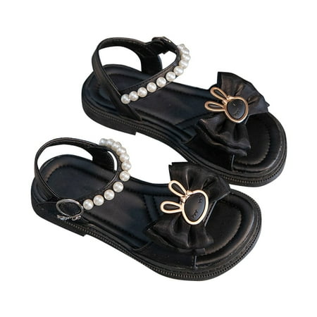 

B91xZ Sandals For Girls Toddler Girls Sandals Pearl Rhinestone Bow Princess Shoes Summer Roman Shoes Little Girls Sandals Black Sizes 33