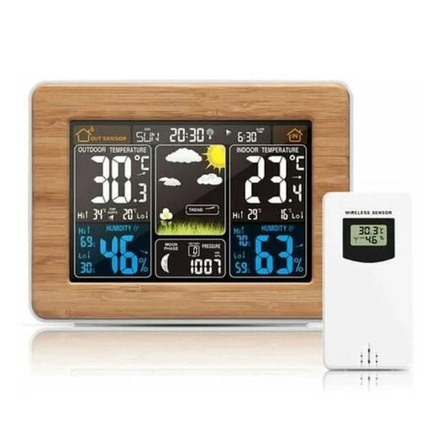 Termómetro digital para el hogar con luz de fondo ajustable en brillo, pantalla de alta definición de temperatura, humedad y presión barométrica en interiores y exteriores, soporte de sobremesa para