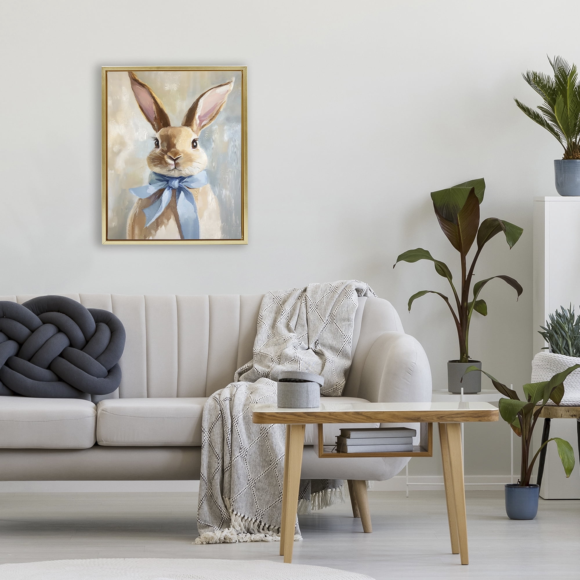 Stupell Industries Bunny with Blue Bow Gold Framed Floater Canvas Wall Art, design by The Prints Vibe
