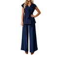 thumbnail image 3 of Naotn Womens Summer 2 Piece Outfits Casual Blazer Collar Short Sleeve Lace Up Shirt and Wide Leg Pants Sets Dressy Business Matching Suit Sets, 3 of 6