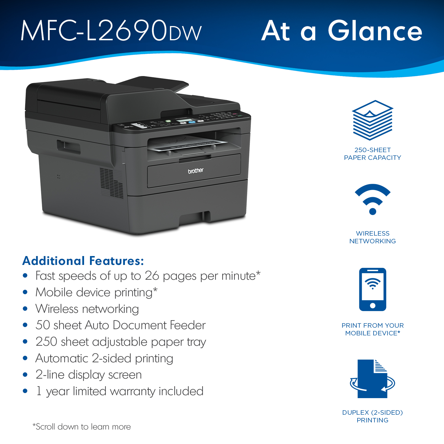 Brother MFC-L2690DW Monochrome Laser All-in-One Printer, Duplex Printing, Wireless Connectivity - image 2 of 10